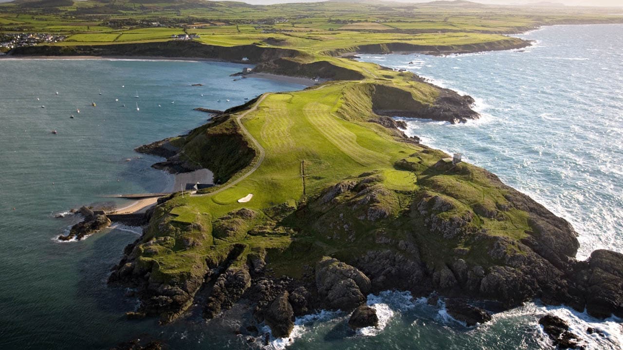 Aerial of Old Course on Porth Dinllaen Peninsula Nefyn & District Golf Club